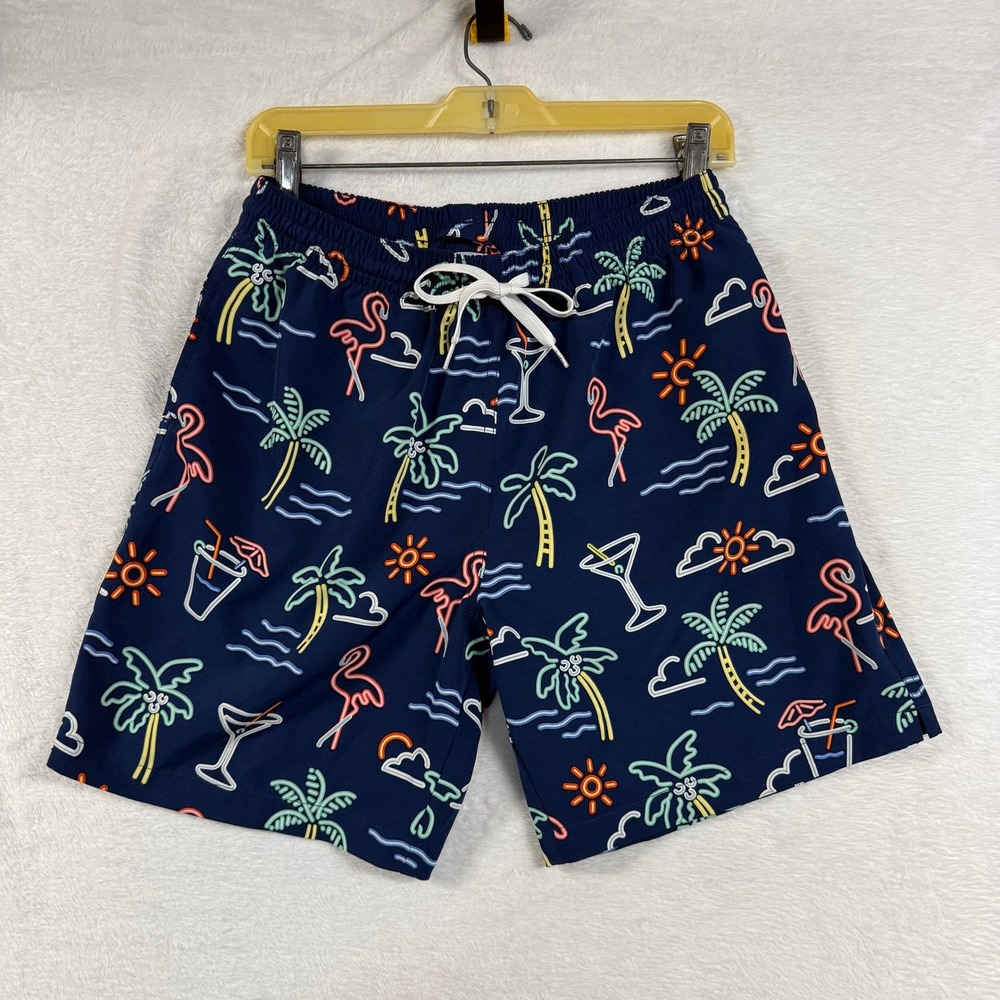 Chubbies M Navy Neon Tropical Flamingo Palm Tree Swim Trunks Shorts 7" Inseam